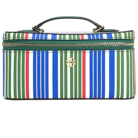 NWT AUTHENTIC RARE preppy Tory Burch Robinson Stripe Large Cosmetic Case/bag - Picture 1 of 17